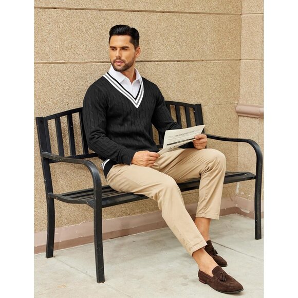 Men's V Neck Sweater Long Sleeve Cable Knit Sweater Pullover Slim Fit Ink Black - Picture 4 of 7